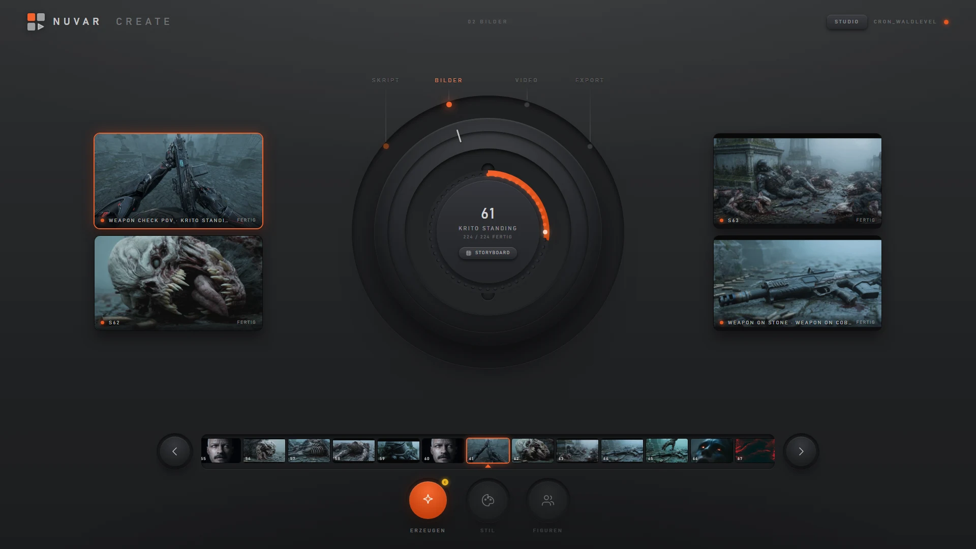 NUVAR CREATE — the dial console: work-step ring, jog wheel, four image windows and a filmstrip