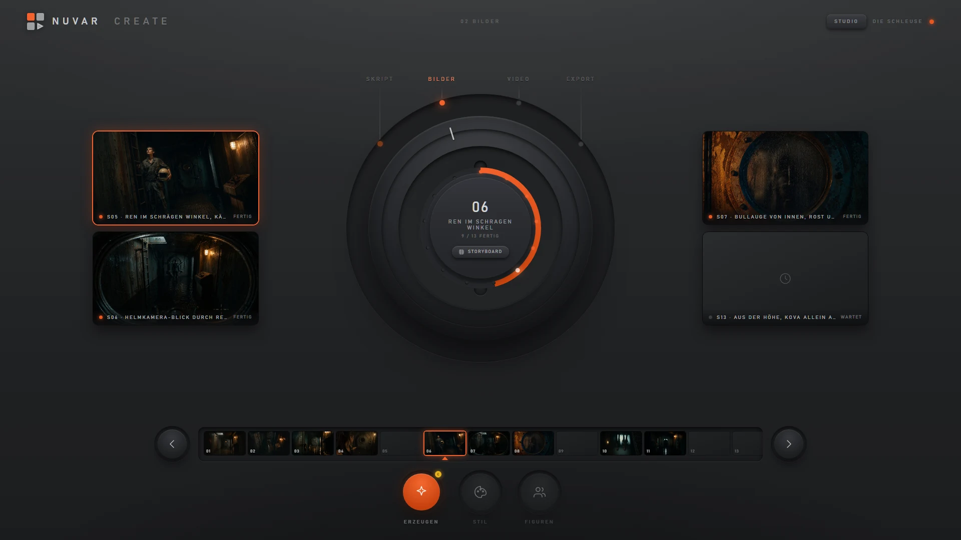 NUVAR CREATE — the dial console: work-step ring, jog wheel, four image windows and a filmstrip