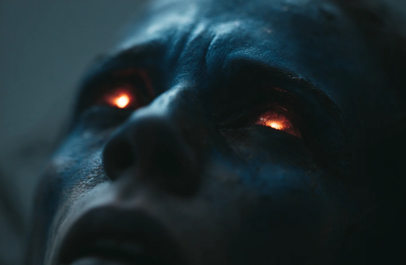Cinematic close-up — generated character with glowing eyes